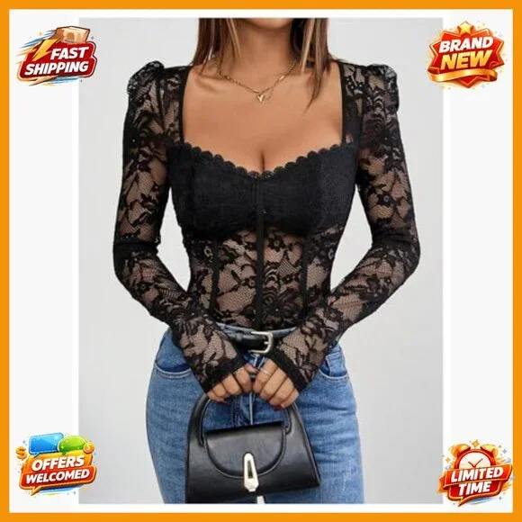 Floral Lace Long Sleeve V Neck Corset Mesh Leotard Bodysuit Medium